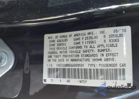 2010 Honda Accord 3.5 Ex-L from USA, damaged, VIN 1HGCS2B80AA009591